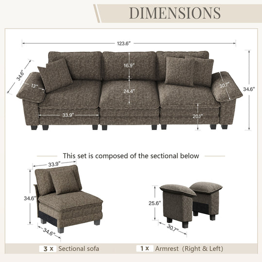 Cloud Modular Deep Seat Sofa, Chenille or Corduroy Sectional Couch with Removable Arms, 1–4 Seater