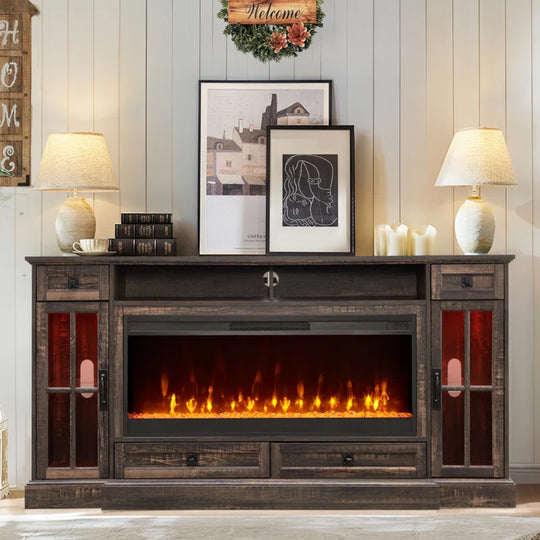 Aira 70"W Farmhouse Fireplace TV Stand with Timer, Wood Media Console for Tvs up to 80" with Fireplace Included