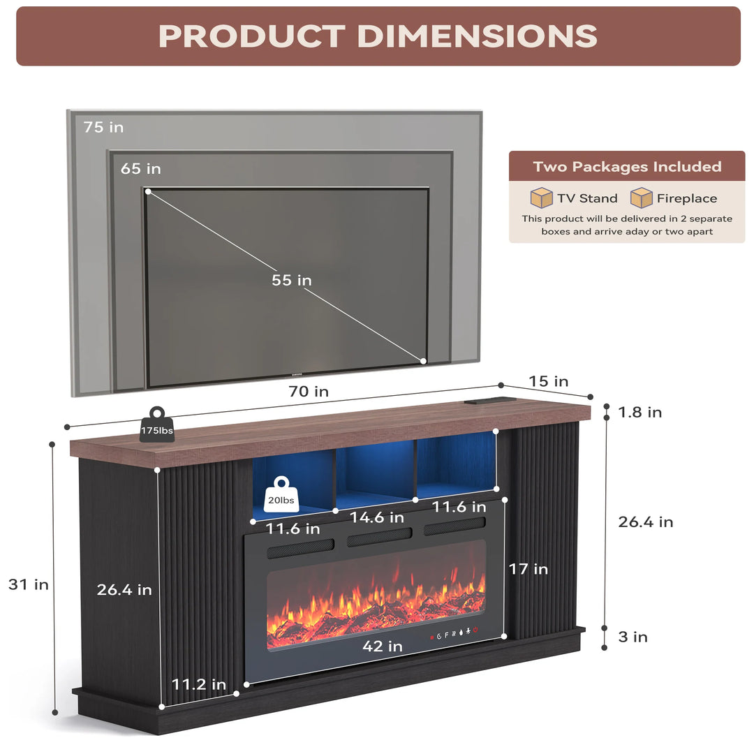 70" TV Stand with Electric Fireplace Heater, Media Entertainment Center Console for Tvs up to 80" with Storage Cabinet