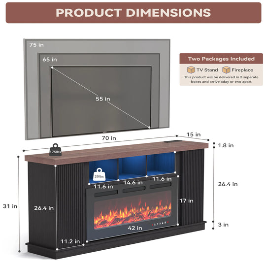 70" TV Stand with Electric Fireplace Heater, Media Entertainment Center Console for Tvs up to 80" with Storage Cabinet