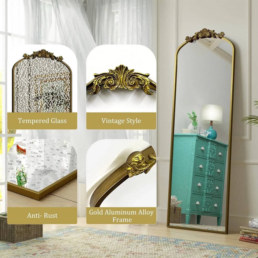 Arched Vintage Wall Mirror and Metal Frame Baroque Style Bathroom Vanity Mirror