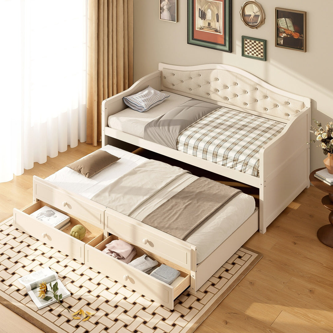 Twin Daybed with Trundle, Twin Size Daybed with 2 Storage Drawers, Wooden Sofa Bed with Upholstered Button Tufted Backrest