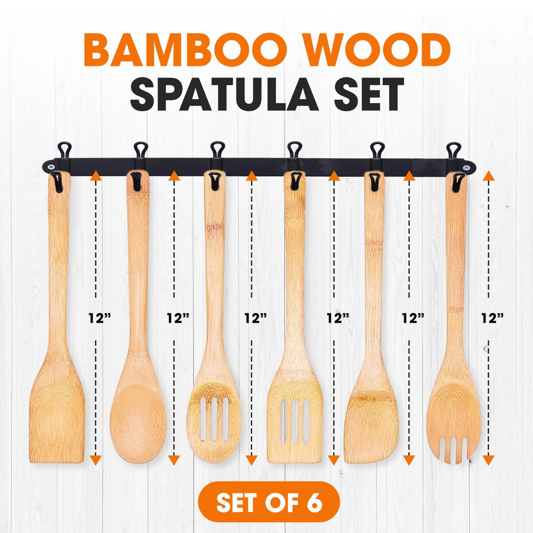 Premium Bamboo Cooking Utensil Set 6 Piece Non Scratch Wooden Spatulas and Spoons for Kitchen - Set of 6