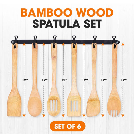 Premium Bamboo Cooking Utensil Set 6 Piece Non Scratch Wooden Spatulas and Spoons for Kitchen - Set of 6