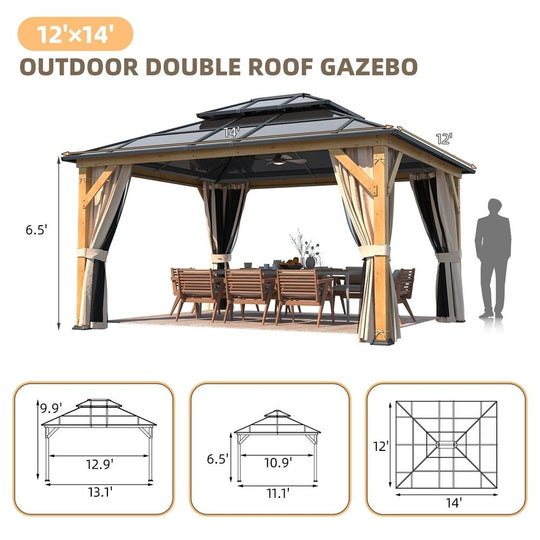 Hardtop Wood Gazebo with Double Roof – Free Dust Cover with 12X16 or 12X20 Model – Waterproof Outdoor Gazebo