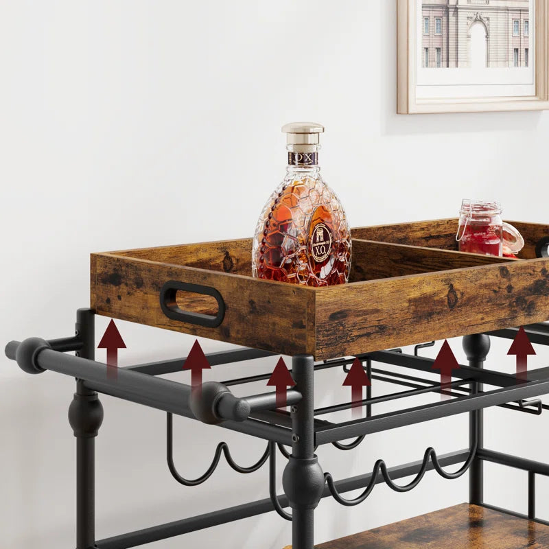 Serving Bar Cart for Home with Wine Rack & Glass Holders, Drink Trolley on Wheels