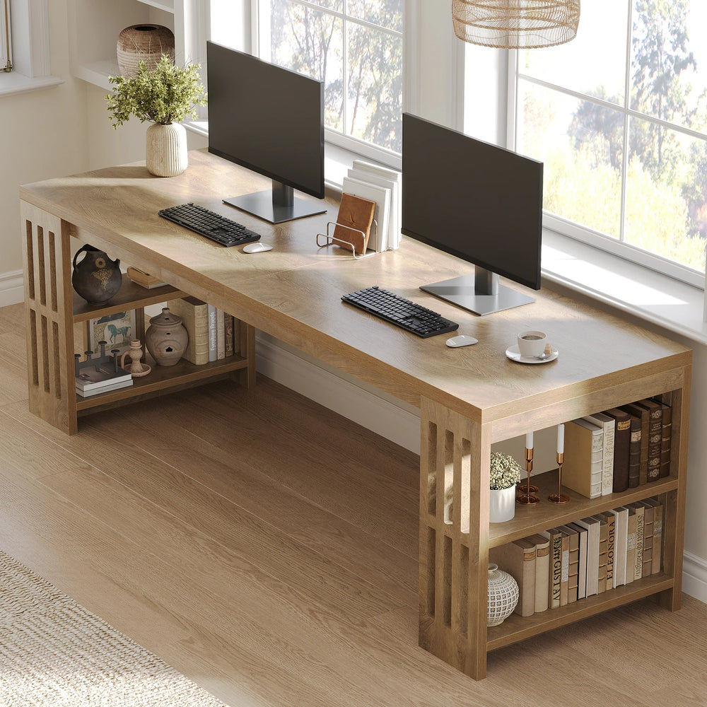 Two Person Desk with Bookshelf Computer Office Double Desk