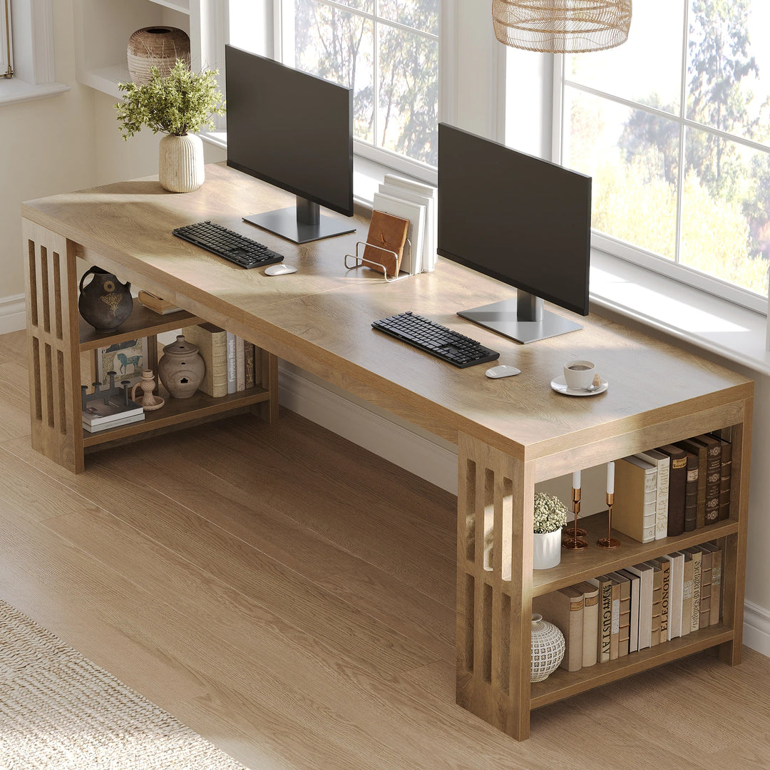 Two Person Desk with Bookshelf Computer Office Double Desk