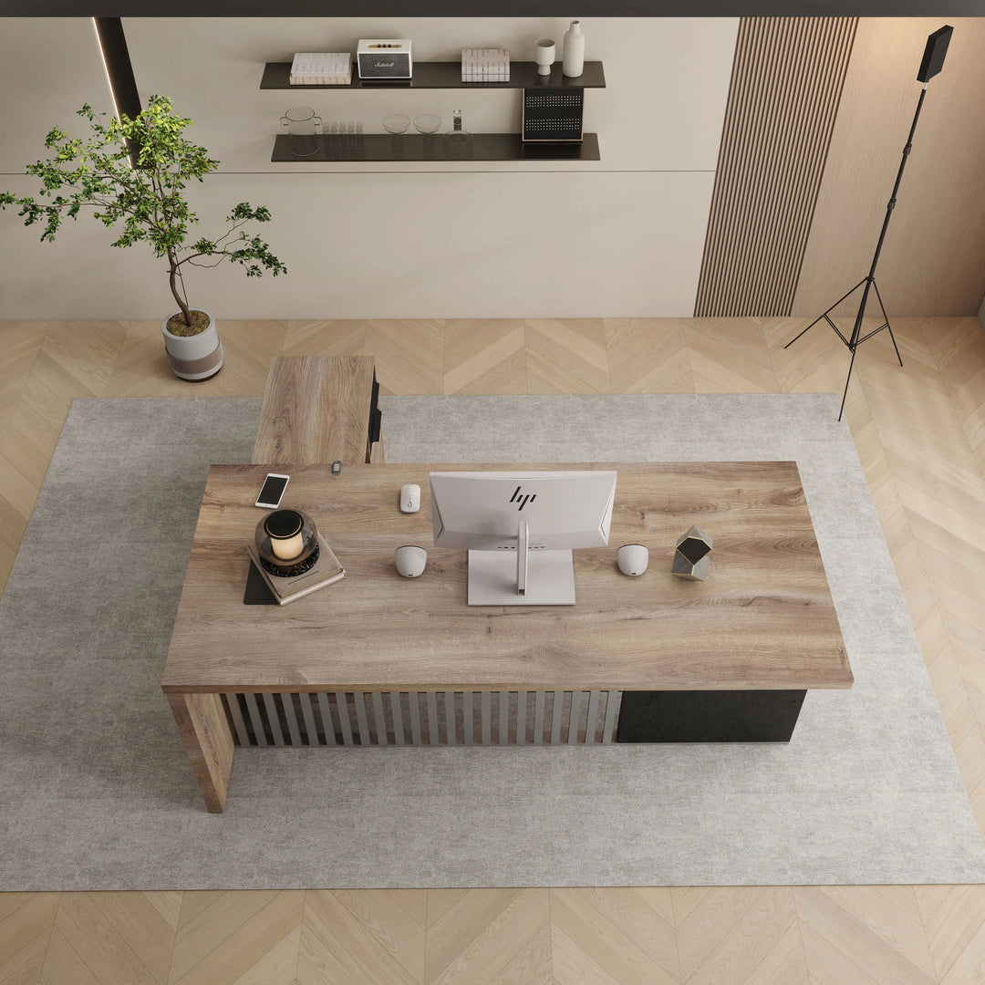 WESOME L-Shaped Executive Office Desk with 2 Drawers 4 Wheels File Cabinets Cable Management