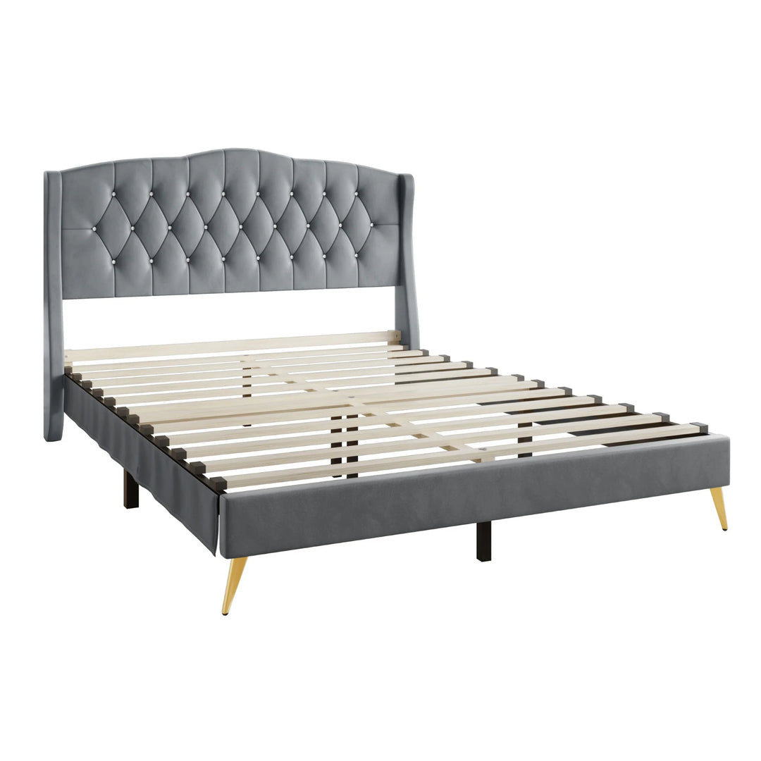 Velvet Diamond Button Tufted Upholstered Platform Bed