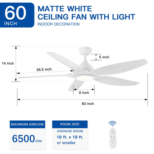Sofucor 52/60 Inch Ceiling Fan with Integrated LED Light and Remote Control Quiet DC Motor