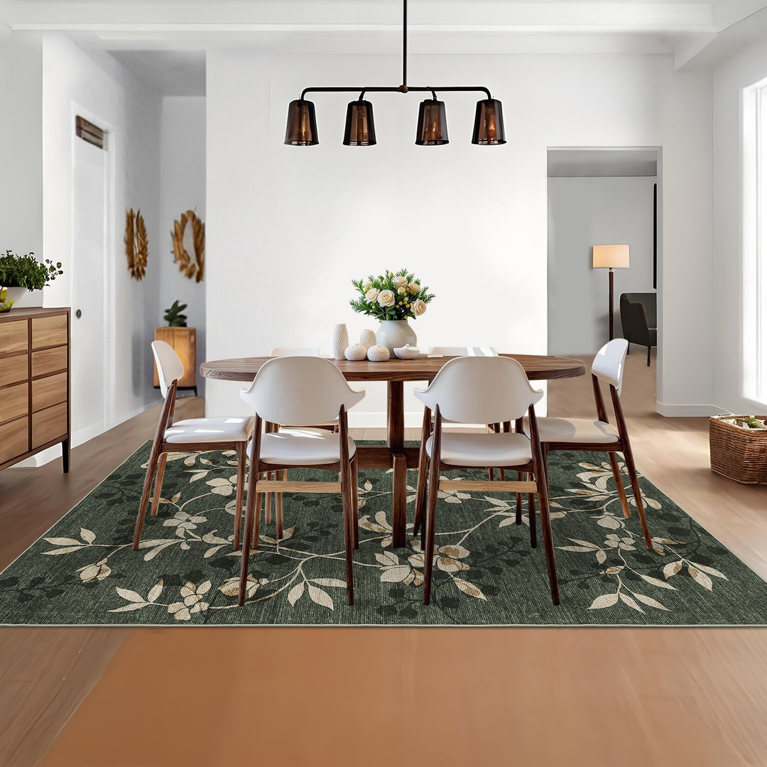 Modern Leaves Pattern Area Rug Botanical Print Washable Rugs for Living Room Bedroom Non-Slip Low Pile Floor Carpet