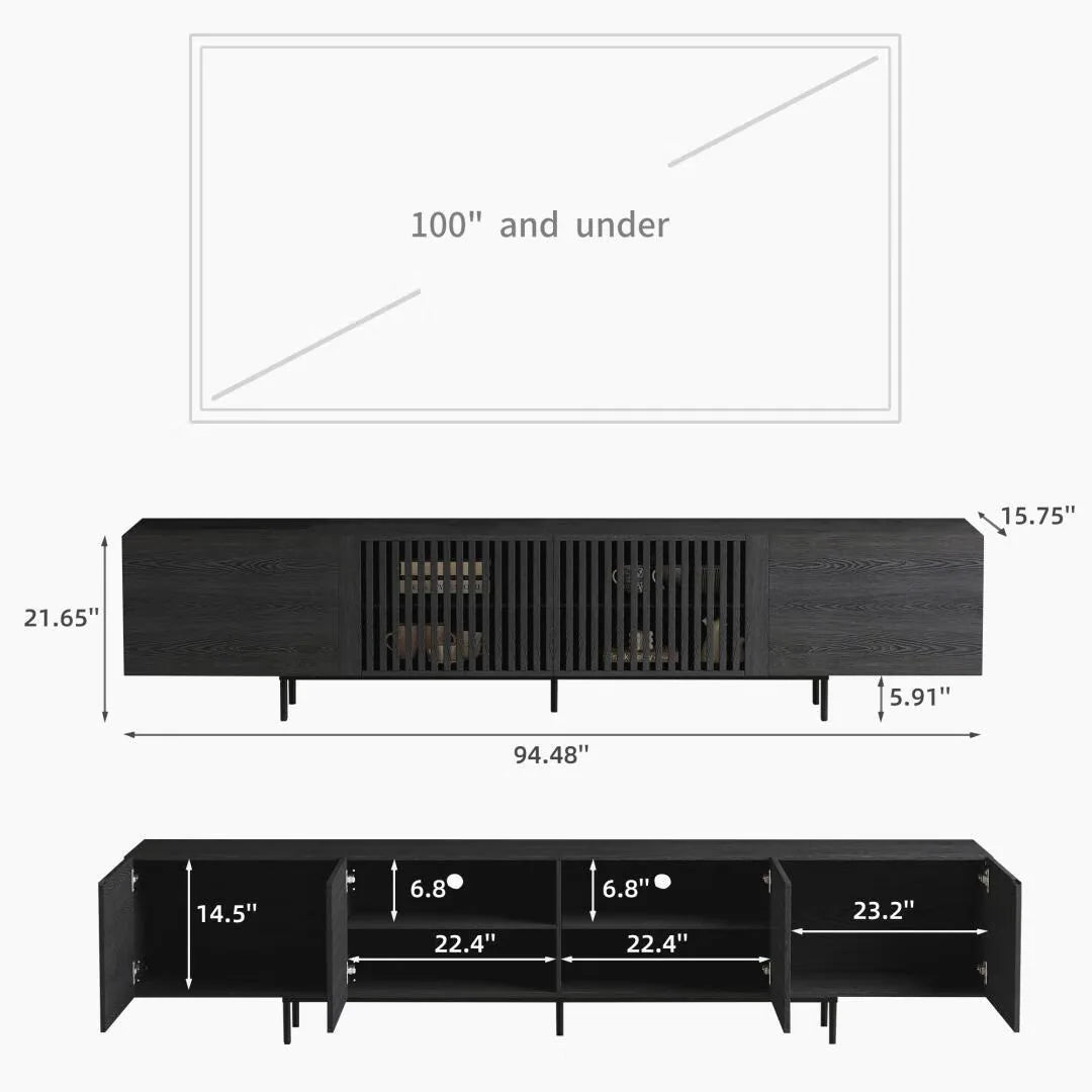 94.48 Inch Extra Long Black TV Stand with Slatted Doors, Modern Entertainment Center for Tvs up to 100 Inches,