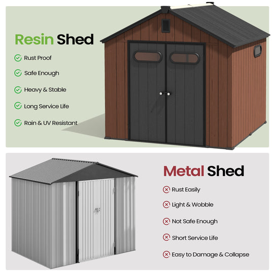 8X8/8X10/8X12 FT All-Weather Outdoor Resin Lockable Storage Shed with Windows Floor for Patio Furniture and Tools