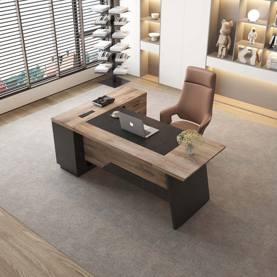 78.74 Inches L-Shape Executive Desk, Industrial Wood Desk with Cabinet Drawer Storage Shelves