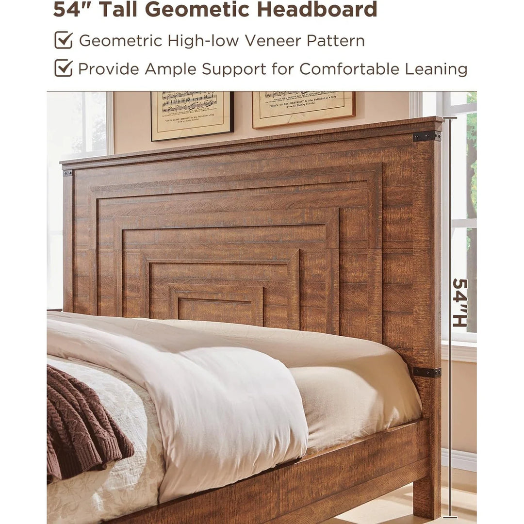 Farmhouse Wood Bed Frame with 54" Tall Headboard, 2 Large Drawers