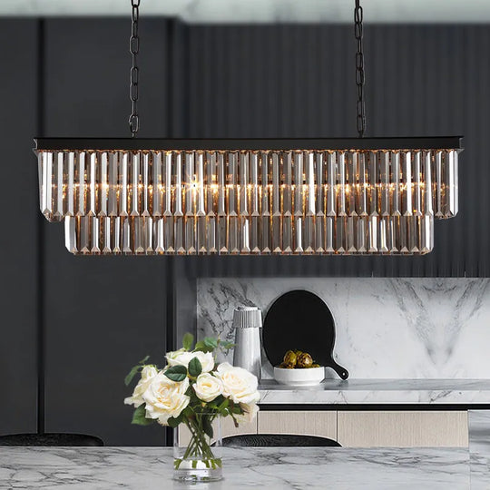 47 In. Smoked Gray and Black Modern Contemporary Crystal Chandelier 2-Tier Linear Kitchen Island Pendant Light for Dining Room