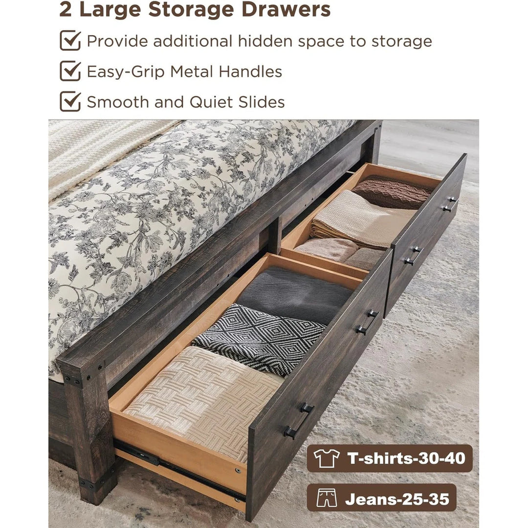 Farmhouse Wood Bed Frame with 54" Tall Headboard, 2 Large Drawers