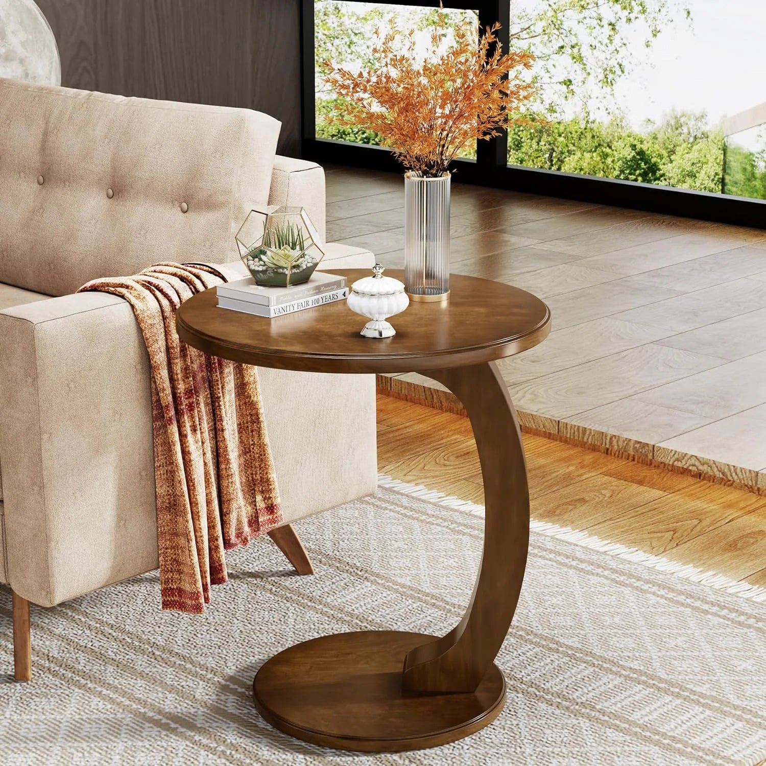 Solid Wood round End Table Mid Century C-Shaped Side Table for Living Room & Bedroom