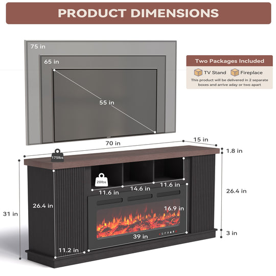 70" TV Stand with Electric Fireplace Heater, Media Entertainment Center Console for Tvs up to 80" with Storage Cabinet
