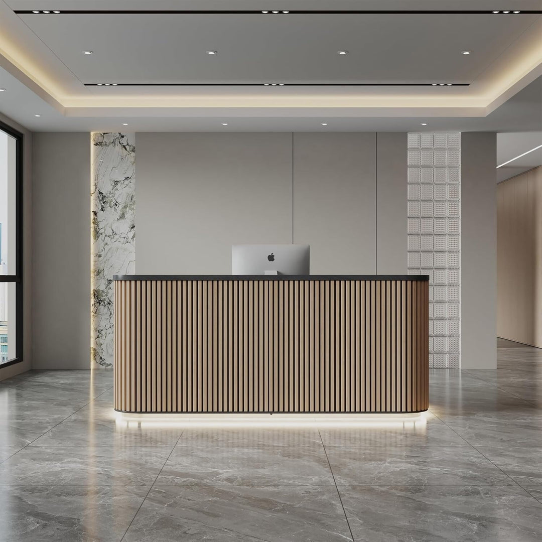 WESOME 70.87In Mid Century Curved Reception Desk with Cable Box LED Light