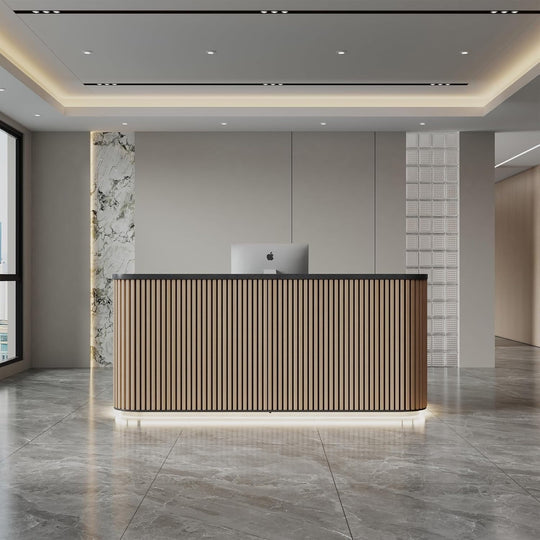 WESOME 70.87In Mid Century Curved Reception Desk with Cable Box LED Light