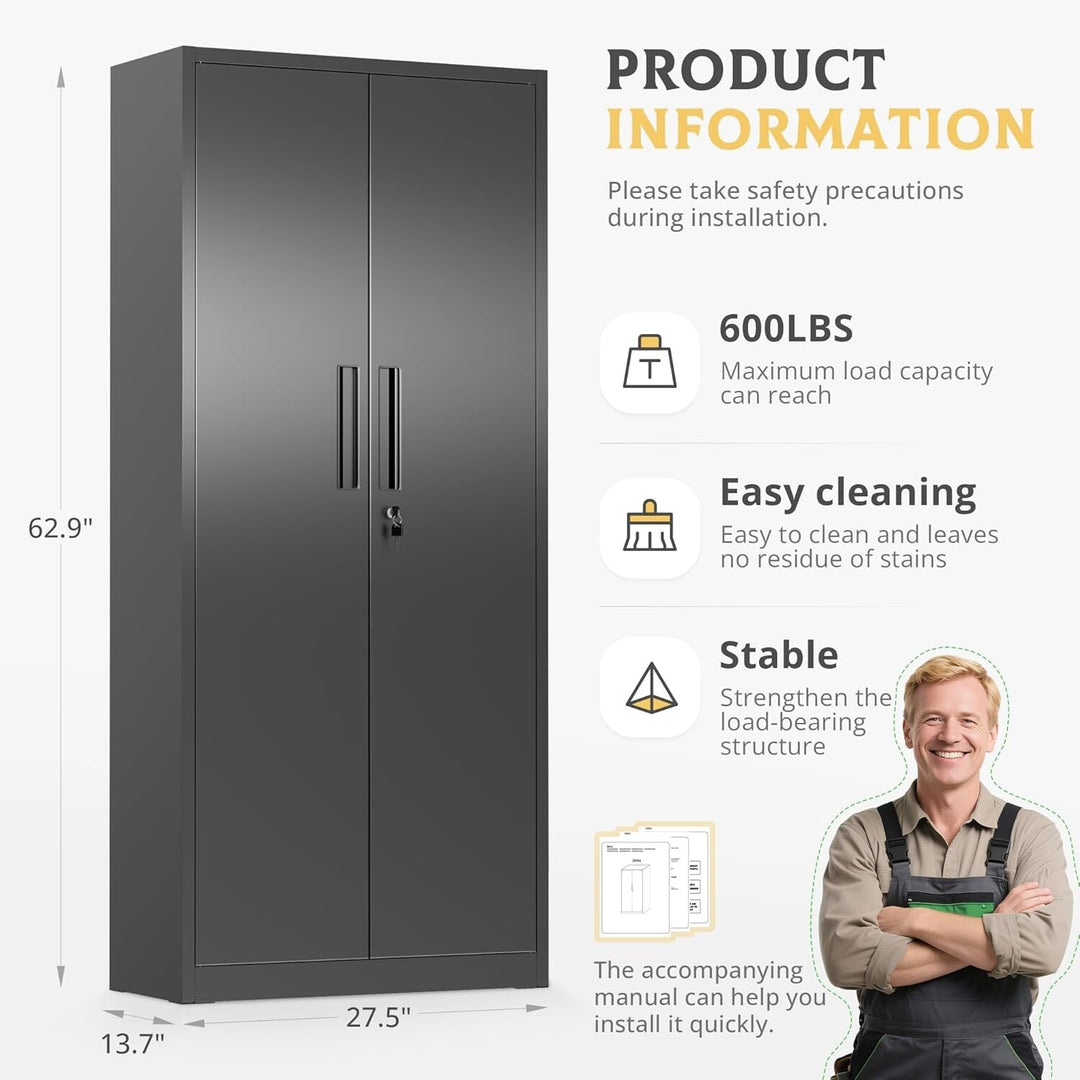 63''-72'' H Large-Capacity Lockable Closet Garage Storage Work Cabinet with Locking Doors and Adjustable Shelves