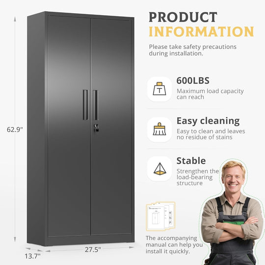 63''-72'' H Large-Capacity Lockable Closet Garage Storage Work Cabinet with Locking Doors and Adjustable Shelves