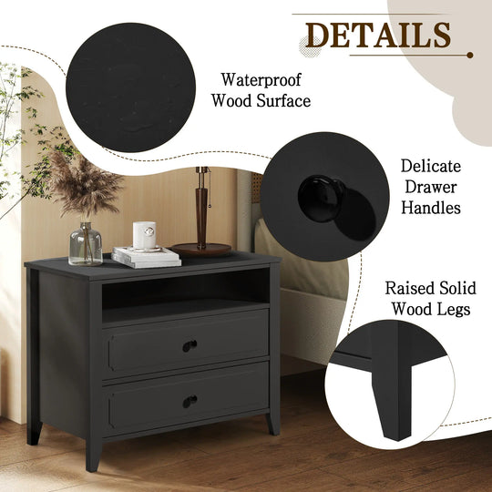 Wide Nightstand – 2‑Drawer Bedside Table with Open Shelf, MDF Wood End Table for Bedroom Living Room