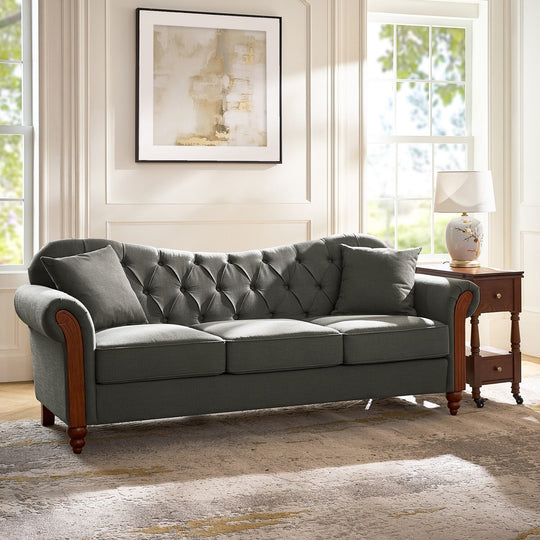 Mario Traditional 83"Wide Tufted Sofa with Solid Wood Legs and Pillows by