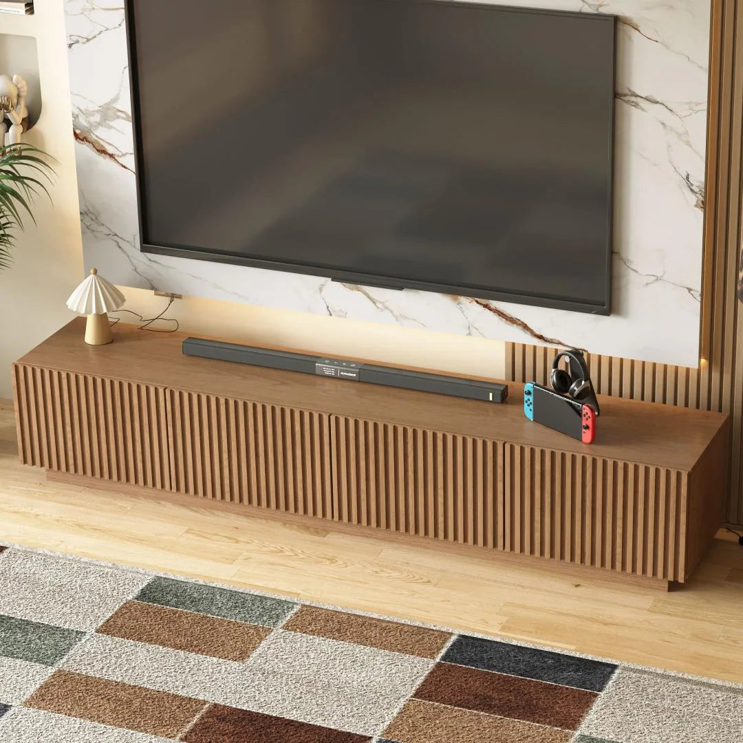 86.6" Modern Walnut TV Stand with Grille Doors & Storage for 90" Tvs - 86.6"Wx15.9"Dx17.5"H
