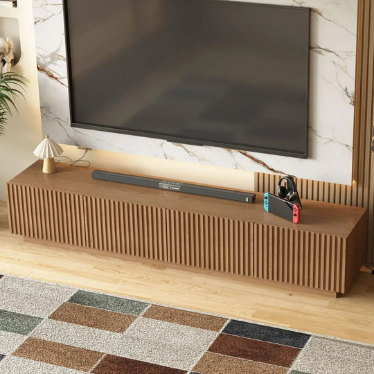 86.6" Modern Walnut TV Stand with Grille Doors & Storage for 90" Tvs - 86.6"Wx15.9"Dx17.5"H