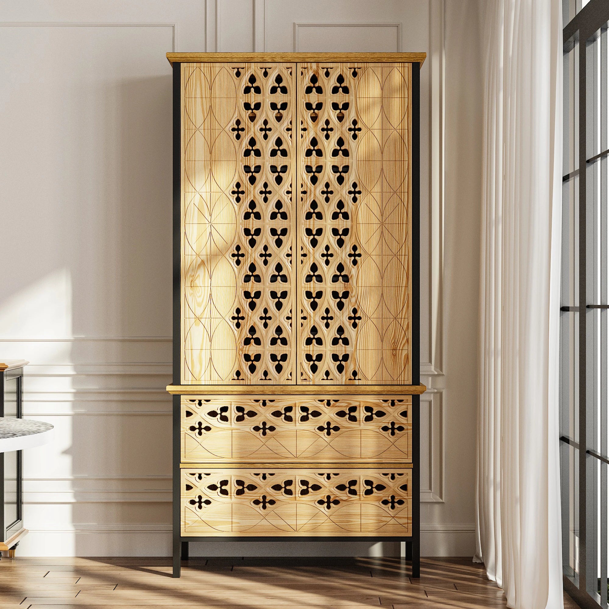 Sculpted Wood and Black Cabinet – Beautifully Carved Decorative Storage Pantry Bookshelves Display Cabinet - 33.4"X70.9"