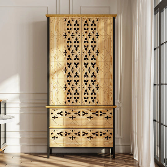 Sculpted Wood and Black Cabinet – Beautifully Carved Decorative Storage Pantry Bookshelves Display Cabinet - 33.4"X70.9"