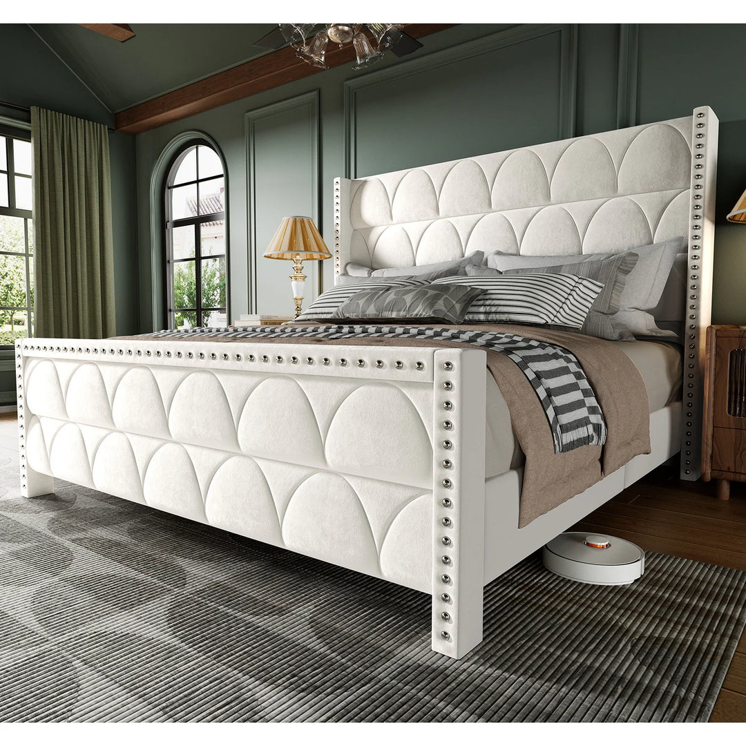 Hansabenne Solid Wood Bed Frame Queen and King Platform Bed Frame with Headboard White and Gray