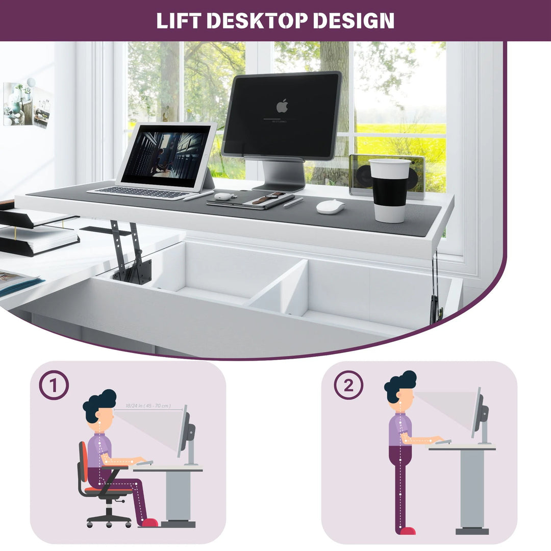 Modern Farmhouse Lift Top L-Shaped Desk with Charge Station, Corner Desk with File Drawers for Home Office