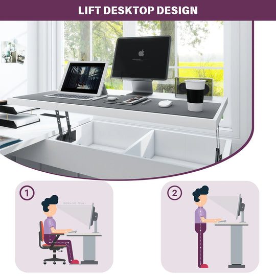 Modern Farmhouse Lift Top L-Shaped Desk with Charge Station, Corner Desk with File Drawers for Home Office