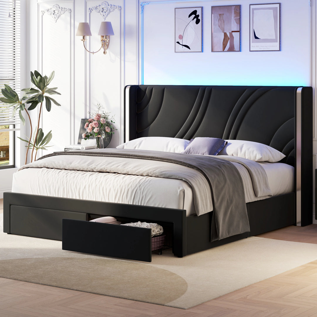 Velvet Upholstered Platform Bed with Smart Ambient Strip Lights Wingback Headboard and Endbed Pull-Out Storage Drawers