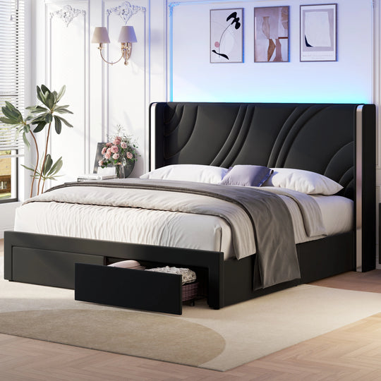 Velvet Upholstered Platform Bed with Smart Ambient Strip Lights Wingback Headboard and Endbed Pull-Out Storage Drawers