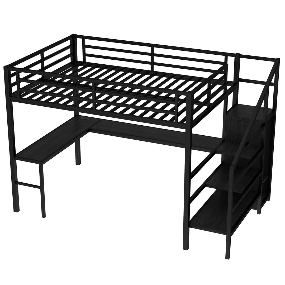 Queen Size Esports Gaming & Work Loft Bed with L-Shaped Desk, USB, LED, Wardrobe and Adjustable Shelf, Versatile Metal Bed Frame