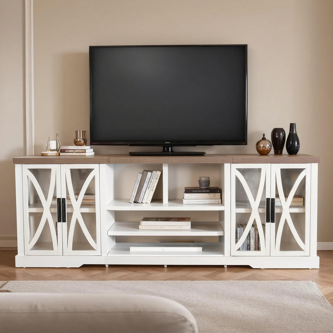 93" Farmhouse White Barn Door Storage Cabinets Console TV Stand for Tvs up to 100" with Adjustable Shelves