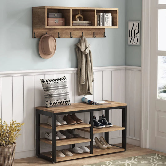 Entryway Coat Rack Shoe Bench Set, Industrial Hall Tree Coat Shoe Rack