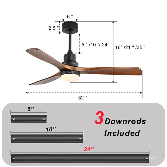 Sofucor 42"/48"/ 52"/60"Noiseless Walnut Wood Ceiling Fan with Remote Control, Integrated Light Optional