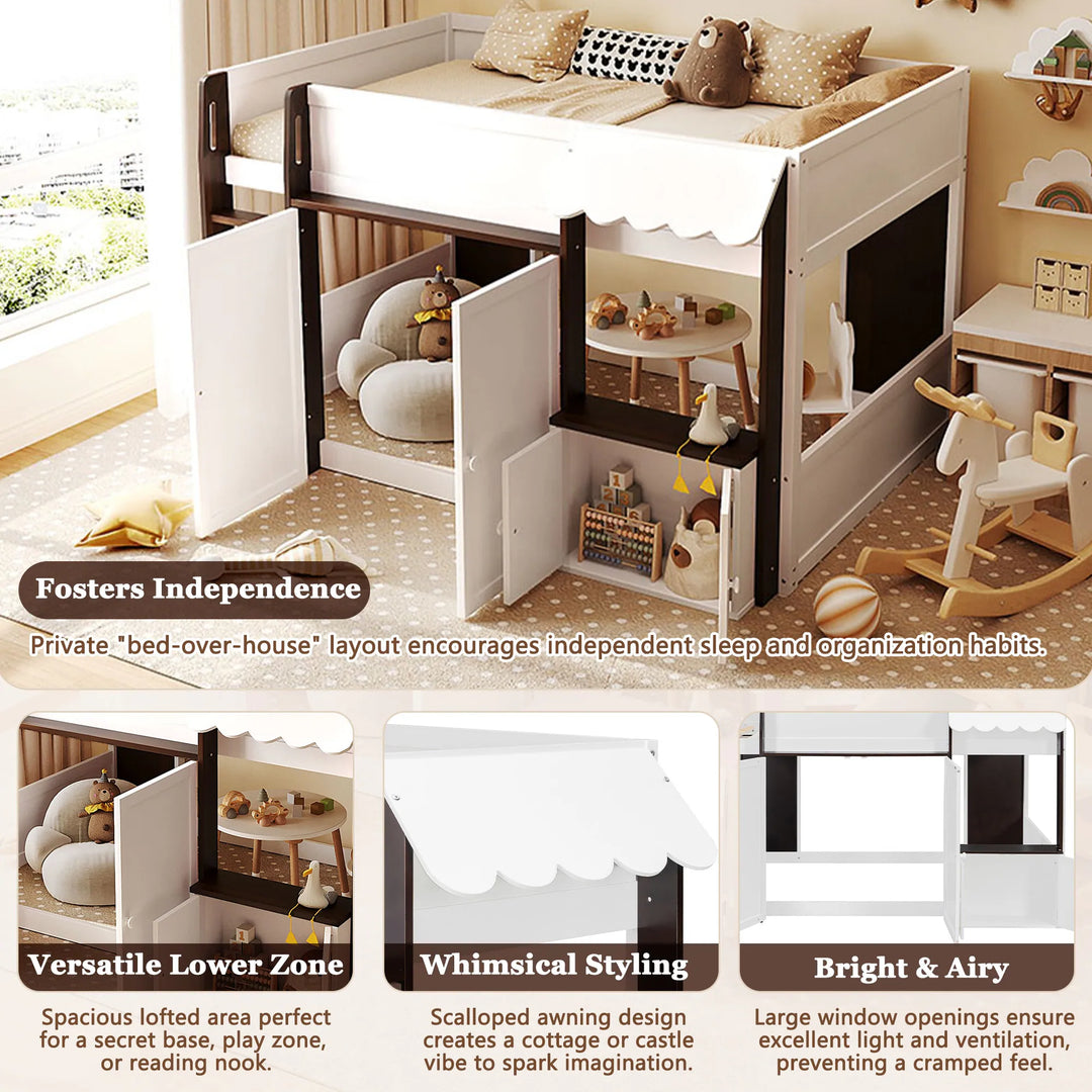 Full Loft House Bed with Playhouse Storage Modern Wood Cabin Bed for Kids