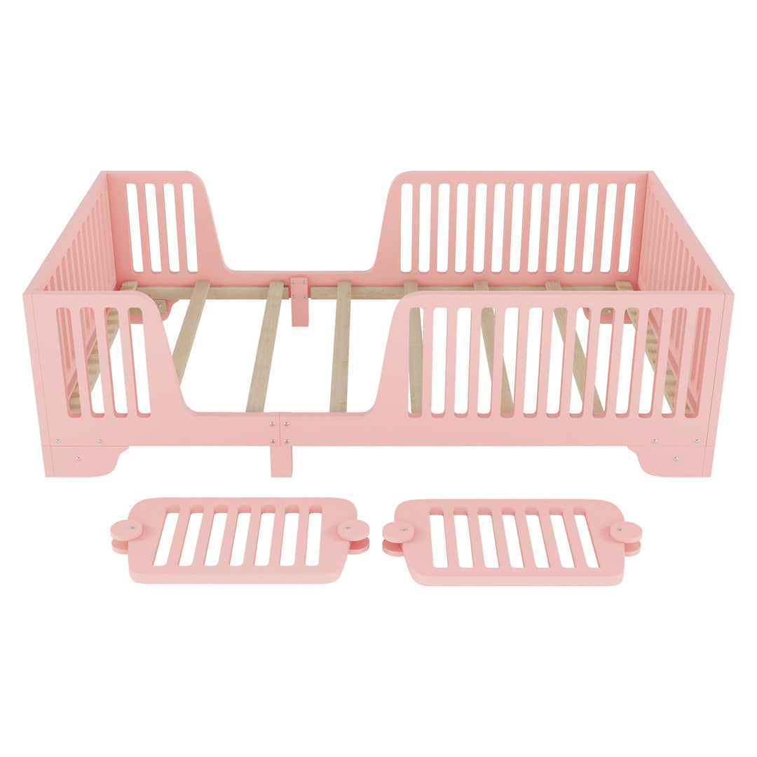 Full Size Montessori Floor Bed Frame with Safety Rails and Removable Door, Low Profile Kids Bed with Slatted Support