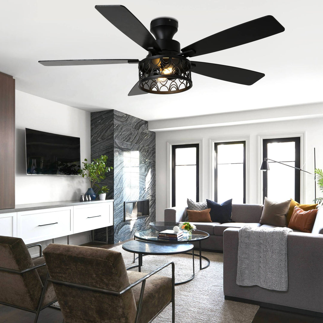 52-In Farmhouse Flush Mount Ceiling Fan with Lights and Remote Control, Black Caged Low Profile Chandelier Ceiling Fan