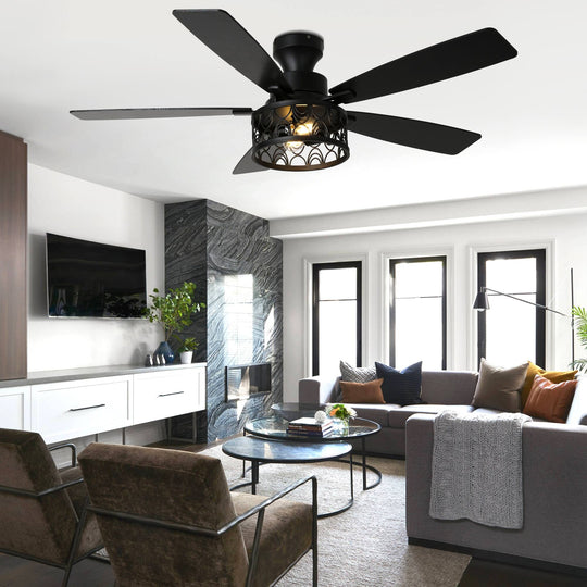 52-In Farmhouse Flush Mount Ceiling Fan with Lights and Remote Control, Black Caged Low Profile Chandelier Ceiling Fan