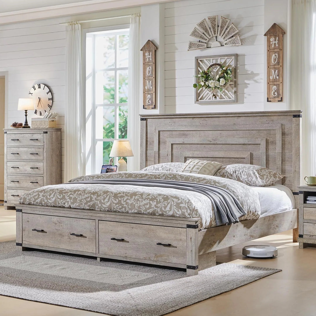 Farmhouse Wood Bed Frame with 54" Tall Headboard, 2 Large Drawers