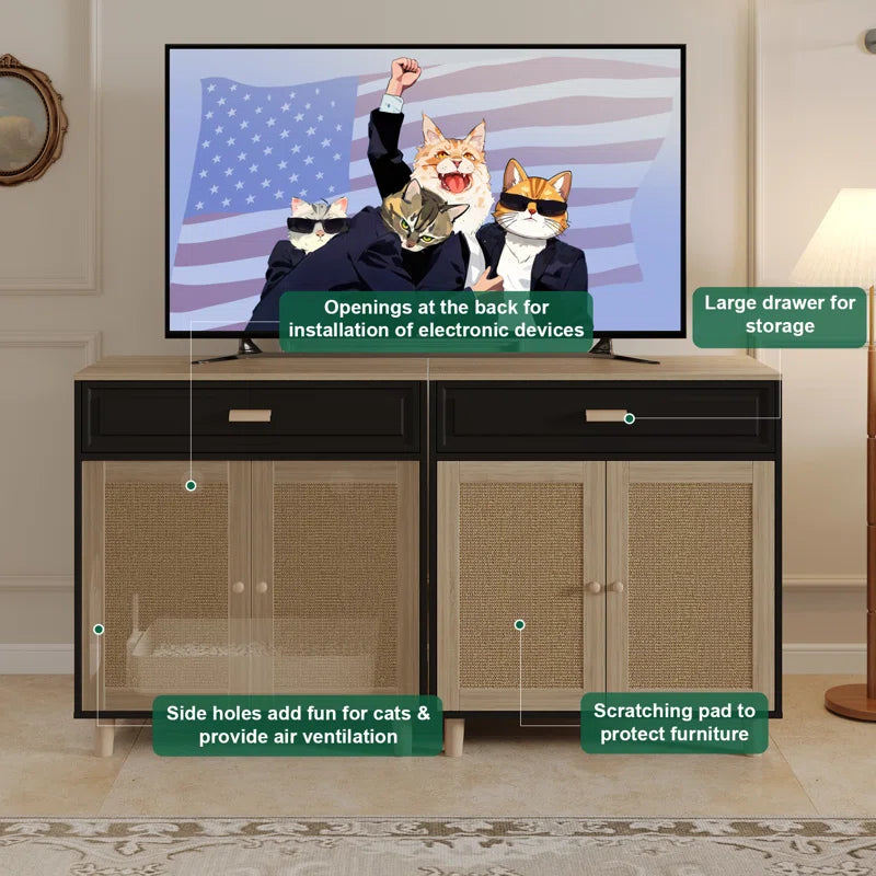Cat Litter Box Enclosure Wood Cat Crate Furniture with Scratching Pad Doors