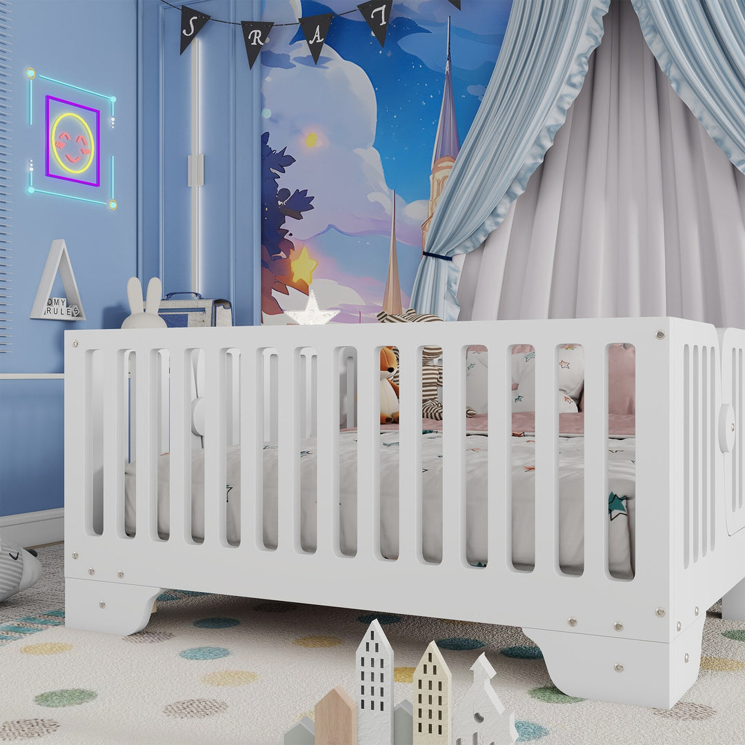 Full Size Montessori Floor Bed Frame with Safety Rails and Removable Door, Low Profile Kids Bed with Slatted Support